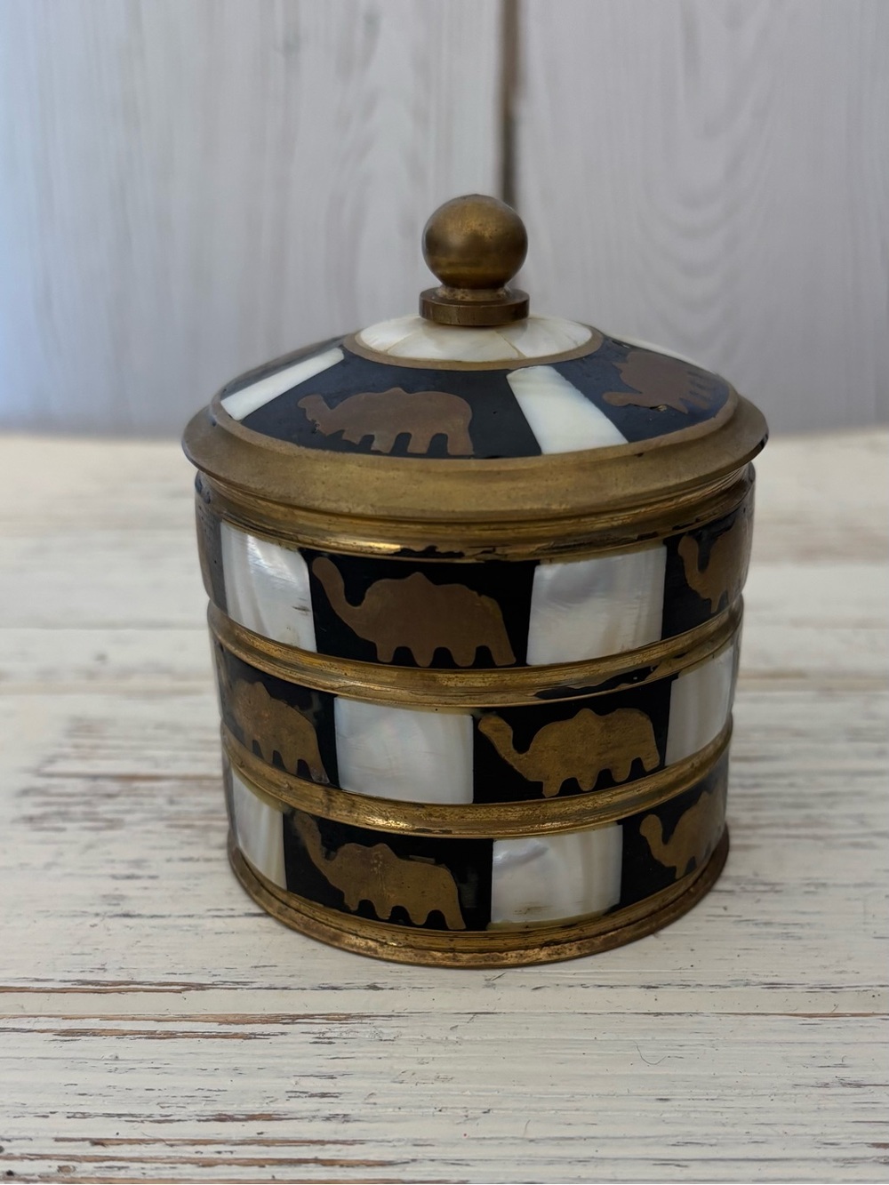 Brass and Mother-of-Pearl Camel Inlay Decorative Trinket Box